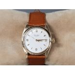 RARE VINTAGE 1954 9CT GOLD GENTS 34MM ROLEX OYSTER WATCH - BREVET 6422 MODEL, WITH AN ORIGINAL ROLEX