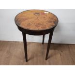 CIRCULAR TOPPED OCCASIONAL TABLE WITH HIGHLY DECORATIVE ETCHED LOVERS WITH ROSES DESIGN