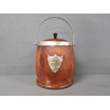 VINTAGE WOODEN BISCUIT BARREL LINED WITH CERAMIC INSIDE AND HAS EPNS SHIELD AND HANDLE
