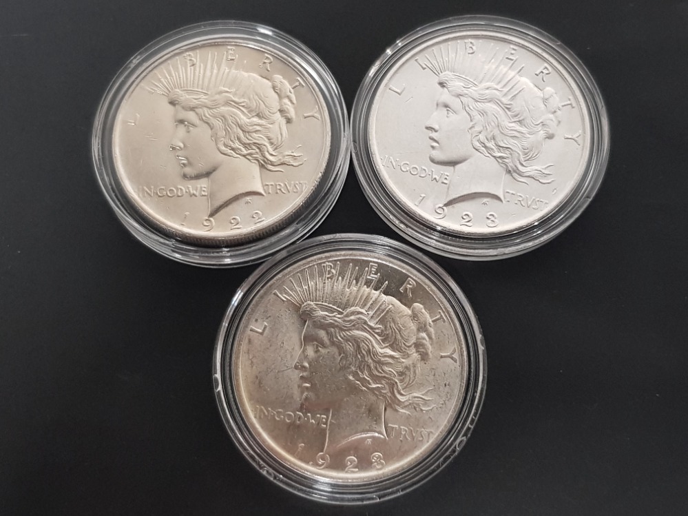 3 USA SILVER LIBERTY 1 DOLLAR COINS DATED 1922 AND 1923 IN EXCELLENT CONDITION - Image 2 of 2