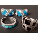 BLACK ENAMEL RING AND TURQUOISE ENAMEL RING BOTH SIZE O TOGETHER WITH A PAIR OF SILVER CZ AND