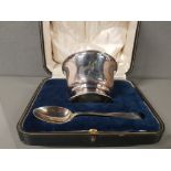SILVER PLATED CHRISTENING BOWL BOWL AND SPOON ENGRAVED WITH EVELYN NAME