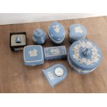 8 PIECES OF WEDGWOOD JASPERWARE MAINLY LIDDED TRINKETS ALSO INCLUDES BOXED THIMBLE AND CLOCK