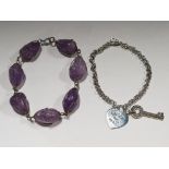 HALLMARKED 925 SILVER KEY TO MY HEART PENDANT BRACELET 13.3G PLUS PURPLE 7 STONE BRACELET