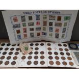 MIXED LOT OF USED POSTAGE STAMPS AND MISCELLANEOUS COINS, ALSO INCLUDES UK HALFPENNIES FOLDER