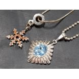 ITALIAN AQUAMARINE STYLE PENDANT ON SILVER CHAIN TOGETHER WITH SNOWFLAKE PENDANT ON SILVER CHAIN