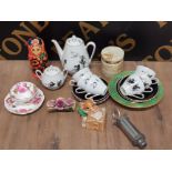 BOX OF MISCELLANEOUS INC CUPS AND SAUCERS RUSSIAN DOLL