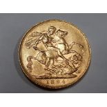22CT GOLD 1894 FULL SOVEREIGN COIN