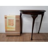 BOXED PINE HONEY FINISH 3 DRAWER BEDSIDE CHEST TOGETHER WITH VINTAGE MAHOGANY DEMI LUNE HALL TABLE