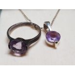 SILVER AND AMETHYST RING SIZE N AND PENDANT SET 5G GROSS WEIGHT