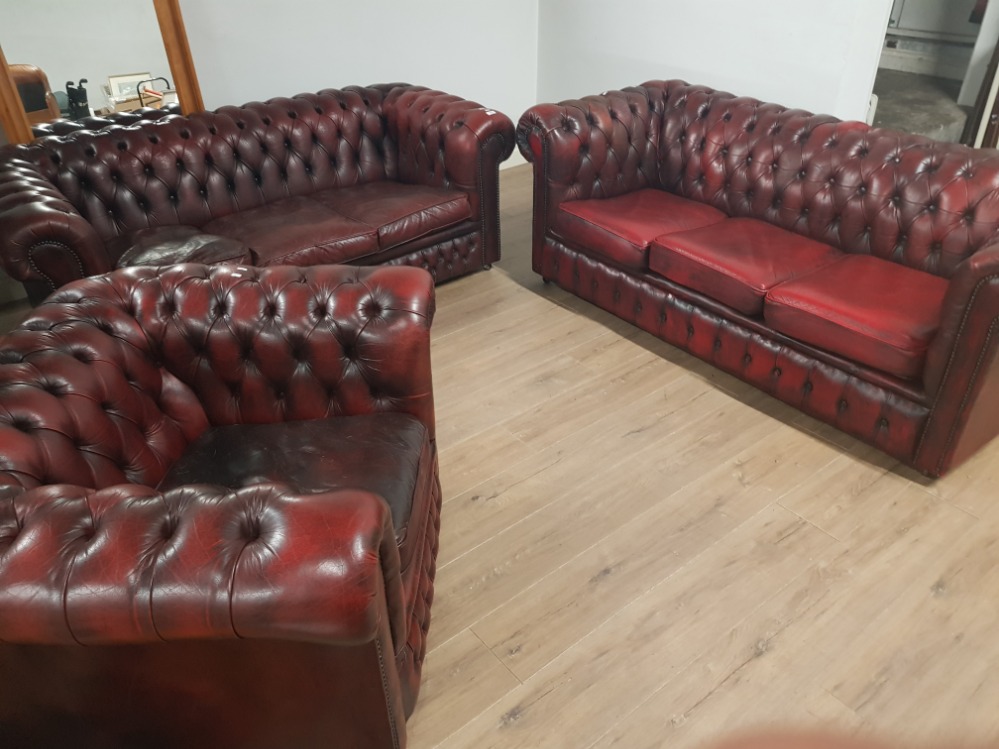 2 X 3 SEATER OX BLOOD RED LEATHER CHESTERFIELD AND 1 OX BLOOD CHAIR