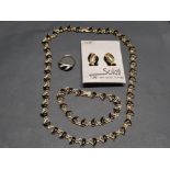 BLACK ENAMEL COROCRAFT NECKLET, BRACELET, RING AND EARRINGS SET RING SIZE K