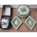 3 PIECES OF WEDGWOOD GREEN JASPER INCLUDES TRINKET BOX ALSO TOGETHER WITH ROYAL WORCESTER EGG