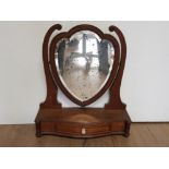 EDWARDIAN MAHOGANY BEVELLED SHIELD BACK DRESSING TABLE MIRROR WITH FITTED SINGLE DRAWER