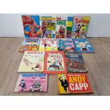 13 ASSORTED VINTAGE ANNUALS INCLUDING OOR WULLIE BEANO ANDY CAPP AND THE OF THE ROVERS ETC