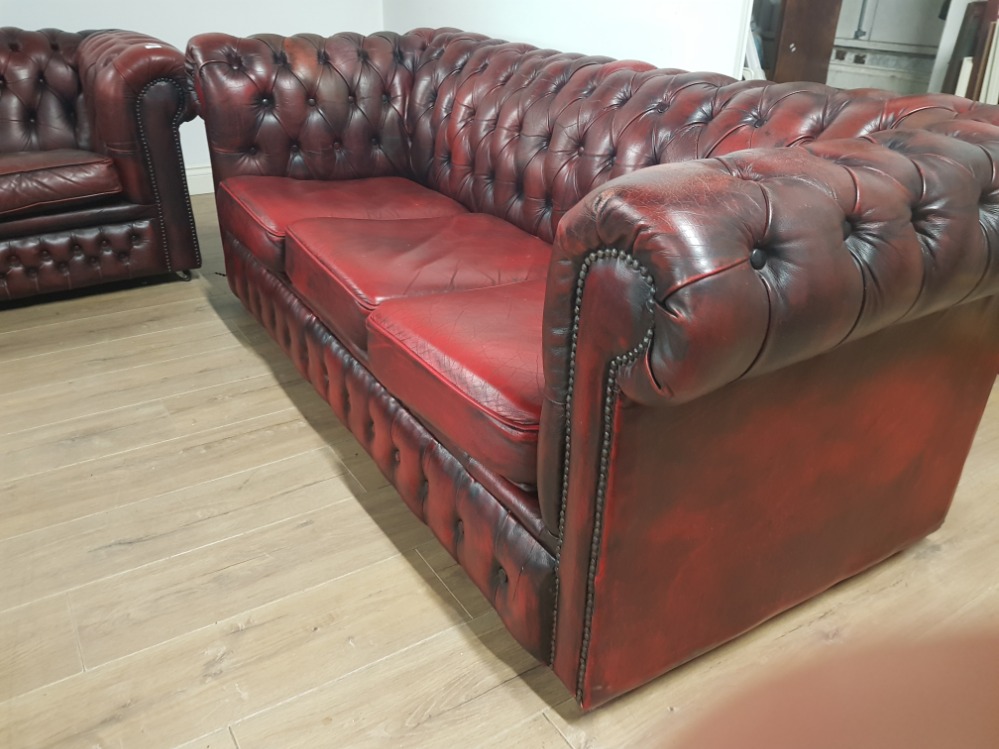 2 X 3 SEATER OX BLOOD RED LEATHER CHESTERFIELD AND 1 OX BLOOD CHAIR - Image 2 of 4