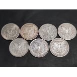 7 USA SILVER MORGAN DOLLARS DATED 1883, 1888, 1889,1897,1900 AND TWO 1921 IN MIXED CIRCULATED