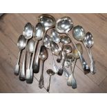 A QUANTITY OF SILVER PLATED SPOONS AND LADELS SOME MARKED EPNS