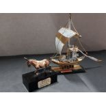 MINATURE PORTUGUESE PORT BOAT AND SILVER DONKEY WITH HALLMARKS ON TAIL