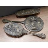 VINTAGE 3 PIECE DRESSING TABLE SET INCLUDES 2 BRUSHES AND HAND MIRROR, ALL WITH A FANTASTIC TUDOR