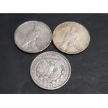 3 SILVER USA DOLLARS DATED 1921 AND PEACE DOLLARS 1922 AND 1924