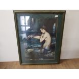 A VERY LARGE FRAMED PRINT OF A MERMAID 68CM BY 86CM