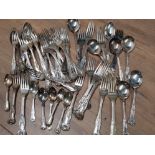 QUANTITY OF SILVER PLATED CUTLERY KNIVES, FORKS AND SPOONS ALL IN THE QUEENS PATTERN