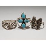 3 SILVER RINGS, INCLUDES BEAUTIFUL MARCASITE BUTTERFLY RING, 4 STONE TURQUOISE RING AND ALL SILVER