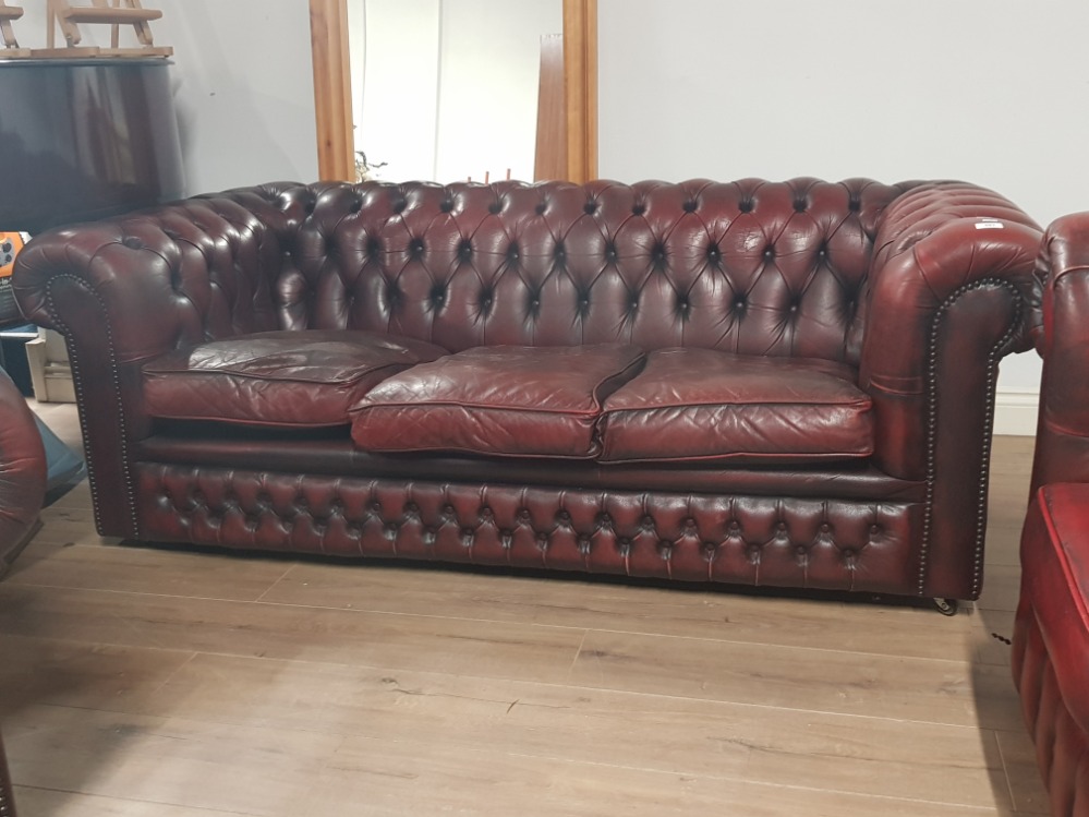 2 X 3 SEATER OX BLOOD RED LEATHER CHESTERFIELD AND 1 OX BLOOD CHAIR - Image 3 of 4