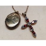 ROLLED GOLD LOCKET AND GOLD PLATED GARNET SET CROSS