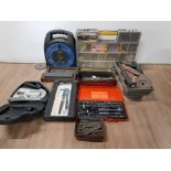 A BOX OF MISCELLANEOUS TOOLS INC SOCKET SET BLACK AND DECKER POWER SHOT ETC