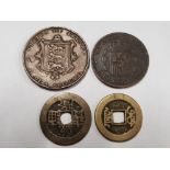 4 MISCELLANEOUS COINS INCLUDES 1851 JERSEY 1/13 OF SHILLING, 1879 SPAIN DIEZ CENTIMOS AND 2