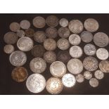 CIGAR BOX CONTAINING MISCELLANEOUS SILVER COINAGE FROM AROUND THE WORLD, OVER 8 OUNCES IN WEIGHT