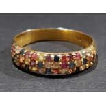 GOLD PLATED SILVER MULTI GEMSTONE BAND RING, 2.5G GROSS WEIGHT, SIZE T