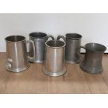 A LOT CONTAINING 5 PEWTER TANKARDS MAINLY FROM SHEFFIELD