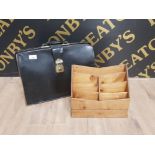BLACK LEATHER BRIEFCASE AND WOODEN DESK TIDY