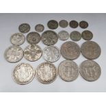 2 PRE 1947 HALF CROWN COINS AND 4 ONE FLORIN COINS, ALSO INCLUDES SIX PENCES ETC