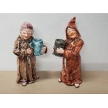 A PAIR OF VINTAGE OR ANTIQUE GERMAN MAJOLICA MATCH HOLDERS MADE AS HAPPY MONKS HOLDING STEINS
