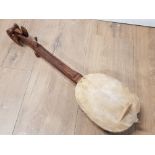 EXTENSIVELY CARVED BOSNIAN GUSLE ONE STRINGED INSTRUMENT WITH RAMS HEAD FINIAL