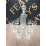 A SET OF 6 FRENCH VERICO SPIRIT TUMBLERS TOGETHER WITH DECANTER AND STOPPER ETC
