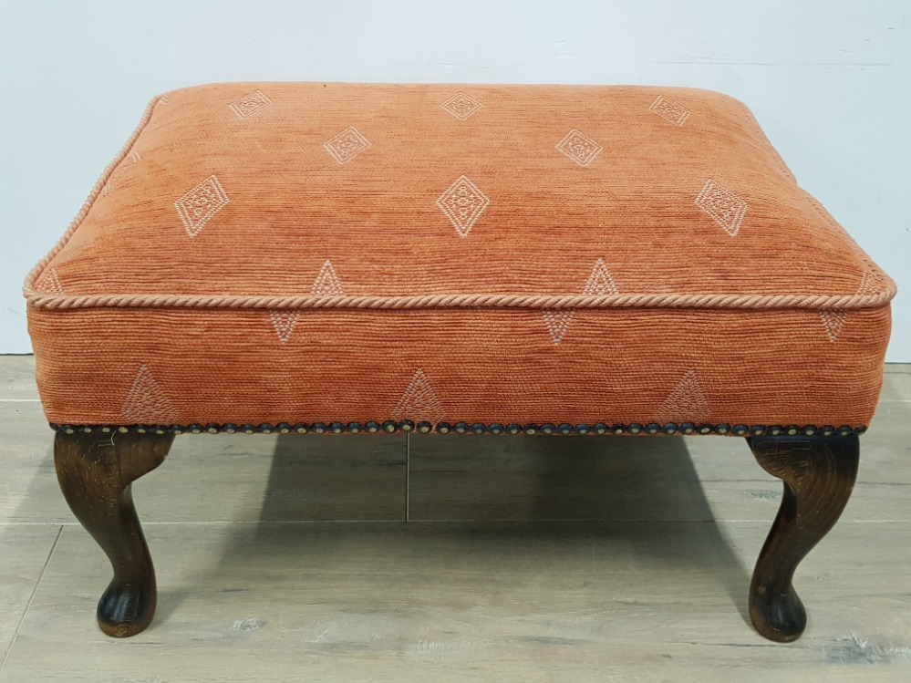 VINTAGE STUDDED ORANGE FABRIC FOOTSTOOL