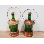 A PAIR OF DECORATIVE HANGING COPPER AND GREEN GLASS LANTERNS WITH ETCHED GLASS FOR DECORATIVE