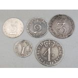 GEORGE III YOUNG HEAD MAUNDY SET OF WITH MIXED DATES, GF TO VF THE THREEPENCE PREVIOUSLY MOUNTED,