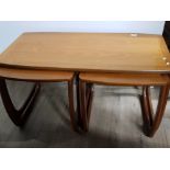 NEST OF 3 TEAK TABLES, LARGER TABLE MEASURES 101CM X 48CM, PAIR OF SMALL TABLES 46CM X46CM