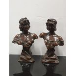 A GOOD PAIR OF 5 1/2 INCH BRONZED BUSTS OF FEMALES TITLED SIRENE WITH CAST NUMBER 6030 AND NYMPHE