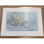 A PASTEL DRAWING BY JOCYE GRAY TITLED DAFFODILS IN PEWTER TANKARD SIGNED 32 X 48CM