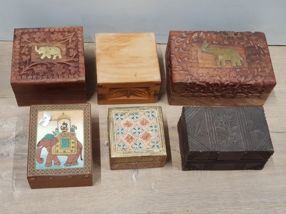 6 VINTAGE WOODEN BOXES, 3 WITH BRASS ELEPHANT DESIGN PLUS CARVED ETC