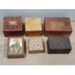 6 VINTAGE WOODEN BOXES, 3 WITH BRASS ELEPHANT DESIGN PLUS CARVED ETC