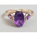 9CT ROSE GOLD AMETHYST SOLITAIRE RING, PEAR SHAPED WITH SHOULDER STONES