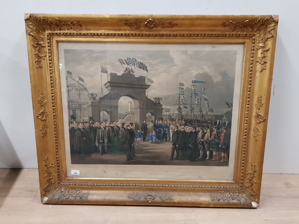 LARGE GILT FRAMED LITHOGRAPH 96CM X 80CM THE LANDING OF HER MAJESTY QUEEN VICTORIA AT ABERDEEN
